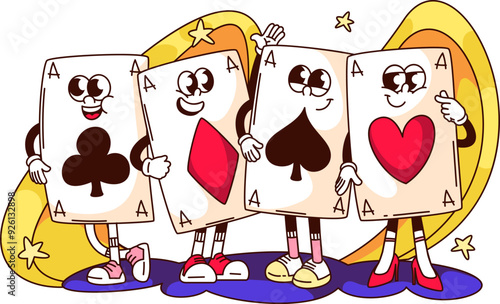 Groovy playing cards cartoon characters standing together. Funny retro four of kind personages of card deck. Poker, game mascot, cartoon gambling kit sticker of 70s 80s style vector illustration