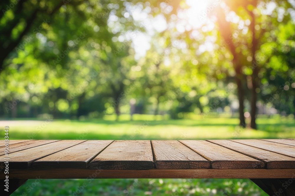 Empty wood table top and blurred green tree in the park garden background - can used for display or montage your products, ai Empty wood table top and blurred green tree in the park garden background - can used for display or montage your products, ai