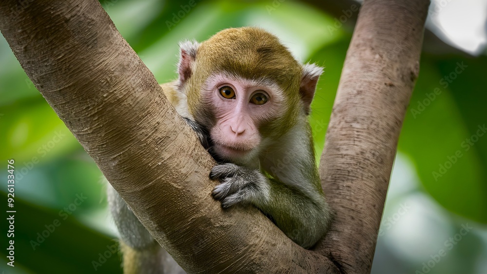 A monkey is in a tree who is hiding and peeping A monkey is in a tree who is hiding and peeping