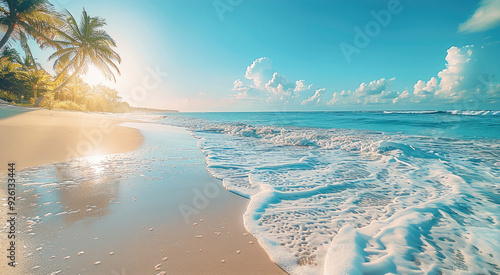 Fototapeta Naklejka Na Ścianę i Meble -  The beautiful Sea, where gentle waves caress sandy beaches and palm trees sway gently in the breeze. relaxing tropical beach on a sunny day. Generative AI.