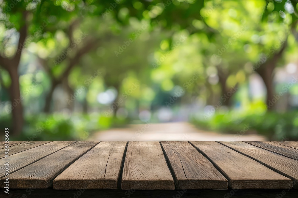 Empty wood table top and blurred green tree in the park garden background - can used for display or montage your products, ai Empty wood table top and blurred green tree in the park garden background - can used for display or montage your products, ai