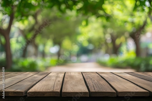 Empty wood table top and blurred green tree in the park garden background - can used for display or montage your products, ai