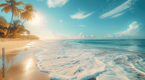 Fototapeta Naklejka Na Ścianę i Meble -  The beautiful Sea, where gentle waves caress sandy beaches and palm trees sway gently in the breeze. relaxing tropical beach on a sunny day. Generative AI.