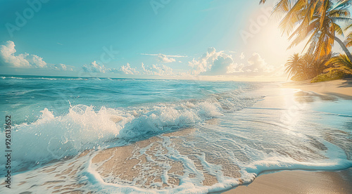 Fototapeta Naklejka Na Ścianę i Meble -  The beautiful Sea, where gentle waves caress sandy beaches and palm trees sway gently in the breeze. relaxing tropical beach on a sunny day. Generative AI.
