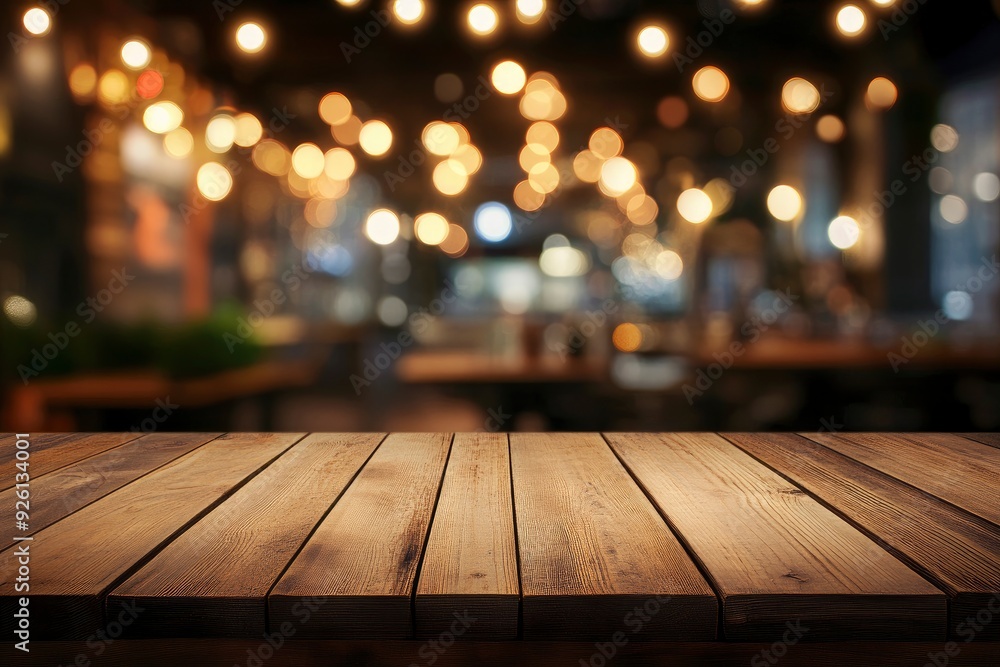 Empty wooden table top with lights bokeh on blur restaurant background , ai Empty wooden table top with lights bokeh on blur restaurant background , ai