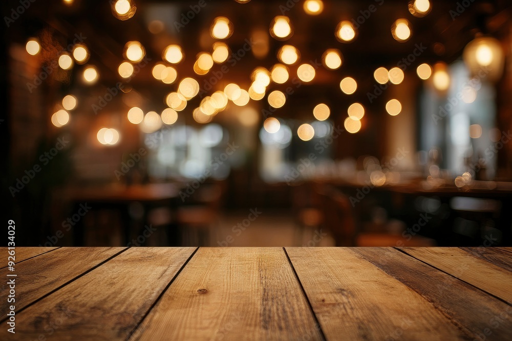 Empty wooden table top with lights bokeh on blur restaurant background , ai Empty wooden table top with lights bokeh on blur restaurant background , ai