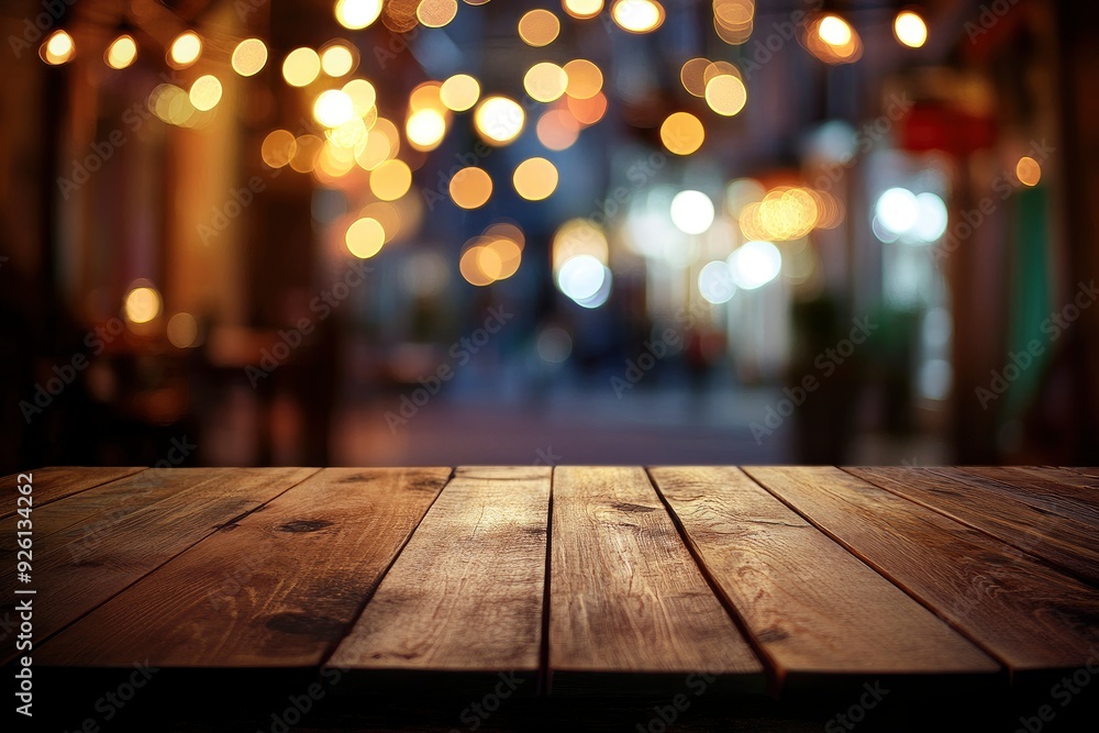 Empty wooden table top with lights bokeh on blur restaurant background , ai Empty wooden table top with lights bokeh on blur restaurant background , ai