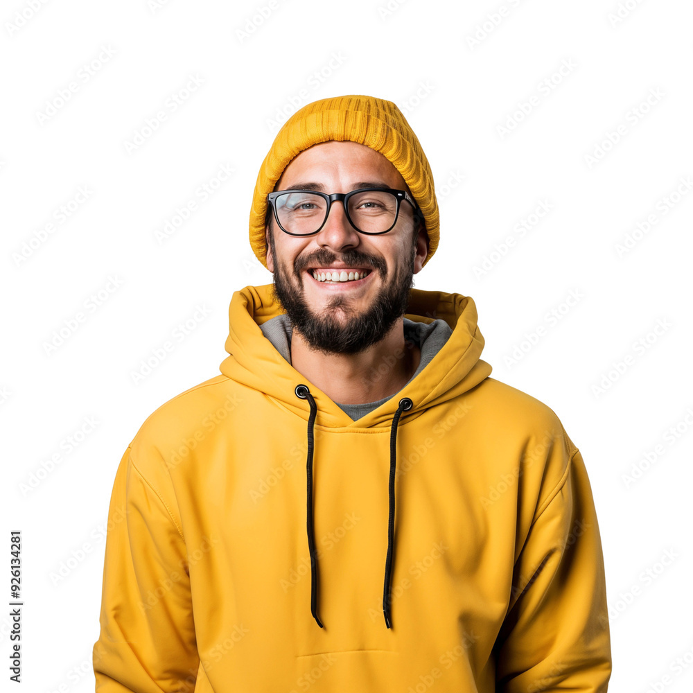 Fototapeta premium Portrait of a man wearing a yellow, warm winter beanie hat and smiling, isolated on transparent background
