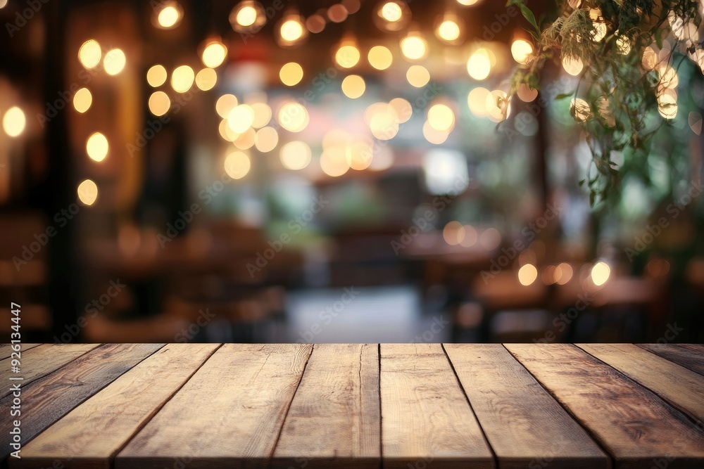 Empty wooden table top with lights bokeh on blur restaurant background , ai Empty wooden table top with lights bokeh on blur restaurant background , ai