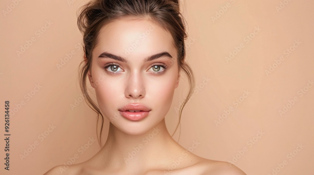 Beautiful young woman with clean fresh skin on beige background, face care, facial treatment