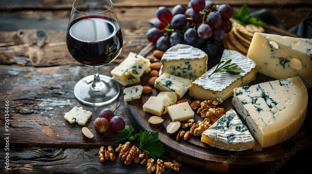 Rustic Cheese Board with Assorted Gourmet Delights on Wooden Table Rustic Cheese Board with Assorted Gourmet Delights on Wooden Table