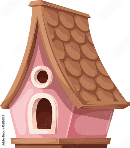Birdhouse, cartoon wooden house for birds nest. Funny pink birds home and feeder with brown tile roof and two holes, cartoon spring and summer forest tree branch decoration vector illustration
