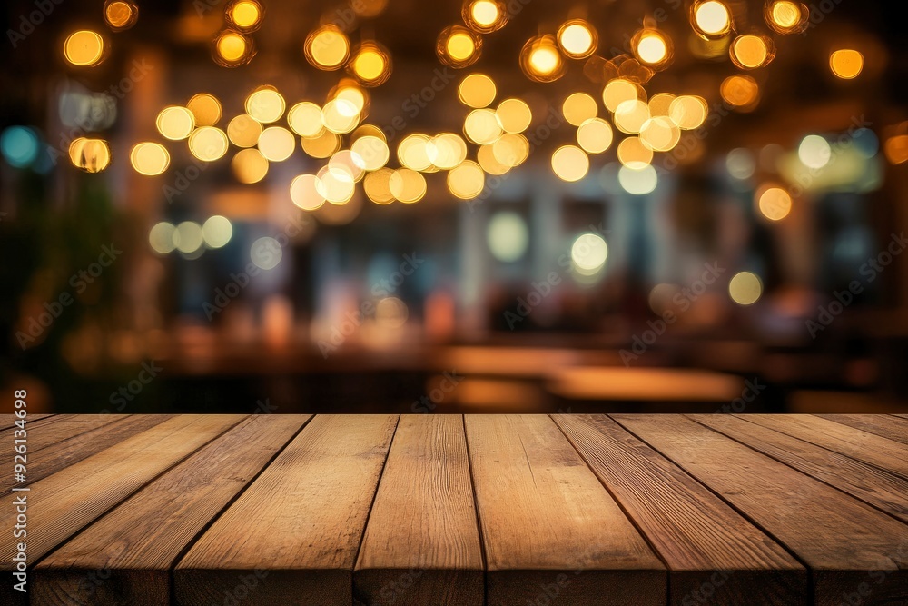 Empty wooden table top with lights bokeh on blur restaurant background , ai Empty wooden table top with lights bokeh on blur restaurant background , ai
