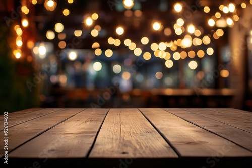 Empty wooden table top with lights bokeh on blur restaurant background , ai