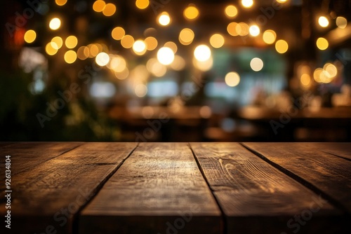 Empty wooden table top with lights bokeh on blur restaurant background , ai