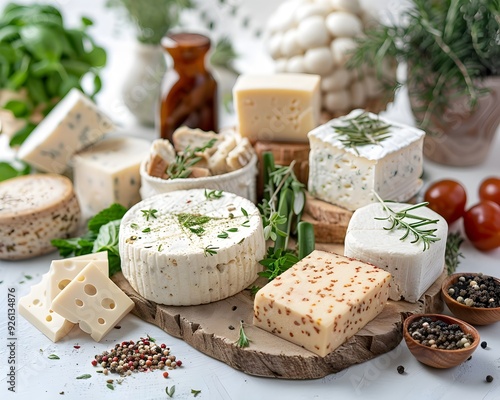 Assortment of Vegan Cheeses with Fresh Herbs and Spices Displayed Creatively for Dairy Free Cuisine