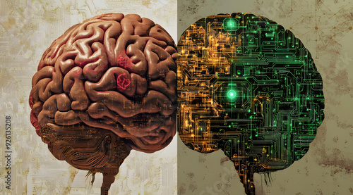 "Split-Screen Image Featuring Two Brains: One with Traditional Design Elements and the Other with Modern, Digital Aesthetics, Highlighting the Contrast Between Classic and Contemporary Thought Process