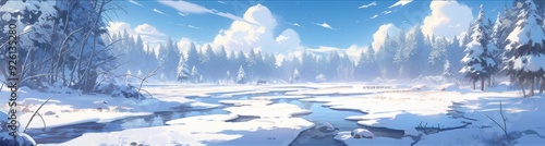 Enchanting Anime-Style Snowy Kingdom: A Beautiful and Dreamy Winter Landscape Background Illustration for Fantasy Art and 4K Gaming Concept Wallpapers,anime style