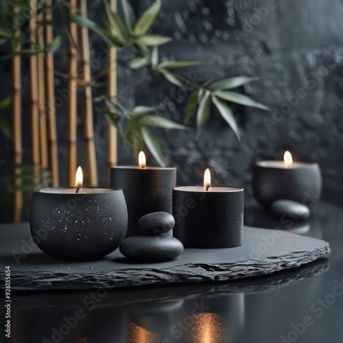 candles and black stones on a black table, dark background