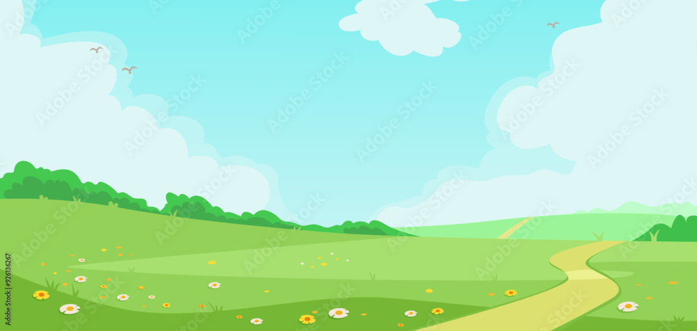 A cartoon landscape featuring green hills, a winding path, and flowers on a sunny day. The background includes a bright blue sky with fluffy clouds and birds flying. Vector illustration A cartoon landscape featuring green hills, a winding path, and flowers on a sunny day. The background includes a bright blue sky with fluffy clouds and birds flying. Vector illustration