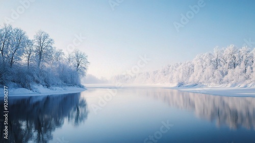 Wallpaper Mural Winter Wonderland Reflection: Serene winter landscape, snow-covered trees reflected in a calm lake under a clear blue sky. A tranquil scene perfect for winter themes.  Torontodigital.ca