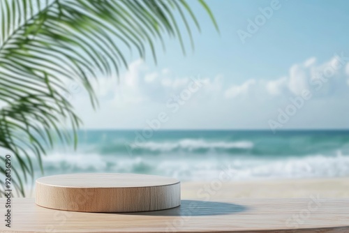 Summer product display on wooden podium at sea tropical beach with generative ai