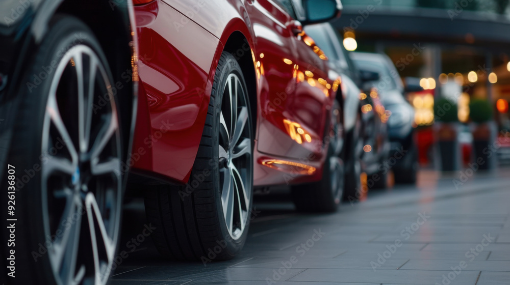 Close-up view of luxury car wheels lined up in a showroom, highlighting sleek design, premium quality, and attention to detail. Close-up view of luxury car wheels lined up in a showroom, highlighting sleek design, premium quality, and attention to detail.