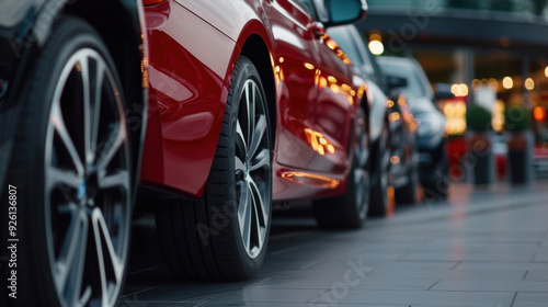 Close-up view of luxury car wheels lined up in a showroom, highlighting sleek design, premium quality, and attention to detail.