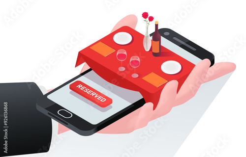 Image of a smartphone displaying a reserved button, with a table setting including wine, glasses, plates, and roses emerging from the screen. Concept of online table reservations. Vector illustration