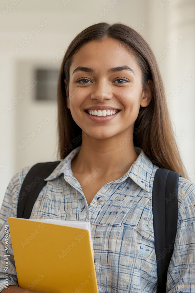 Happy Latina student girl is smiling and holding a yellow folder Happy Latina student girl is smiling and holding a yellow folder