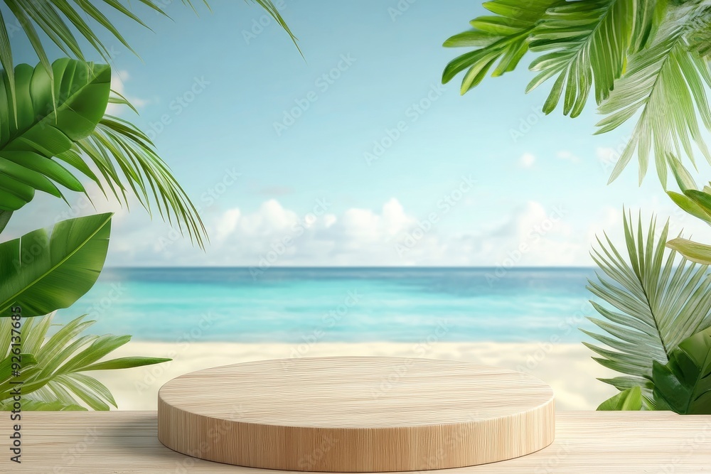 Summer product display on wooden podium at sea tropical beach with generative ai Summer product display on wooden podium at sea tropical beach with generative ai