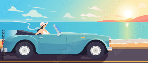 Woman driving a blue convertible along seaside road at sunset. Scene is depicted in flat, colorful graphic style with calm ocean background. Concept of travel, freedom, adventure. Vector illustration