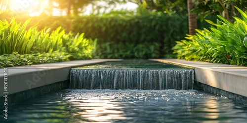 Fototapeta Naklejka Na Ścianę i Meble -  outdoor home modern water feature fountain waterfall as wide banner with copy space area for garden landscape design concepts. Generative ai