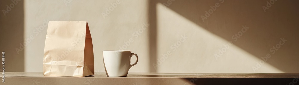 A cozy scene featuring a paper bag and a white cup, perfect for coffee lovers and minimalist decor aesthetics. A cozy scene featuring a paper bag and a white cup, perfect for coffee lovers and minimalist decor aesthetics.
