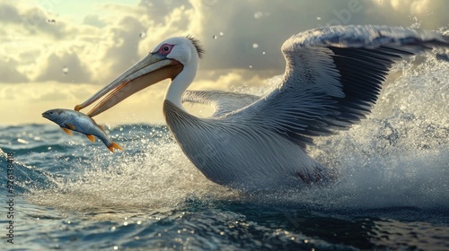 A pelican with its large beak scooping up fish from the watera??s surface, surrounded by gentle waves, photo