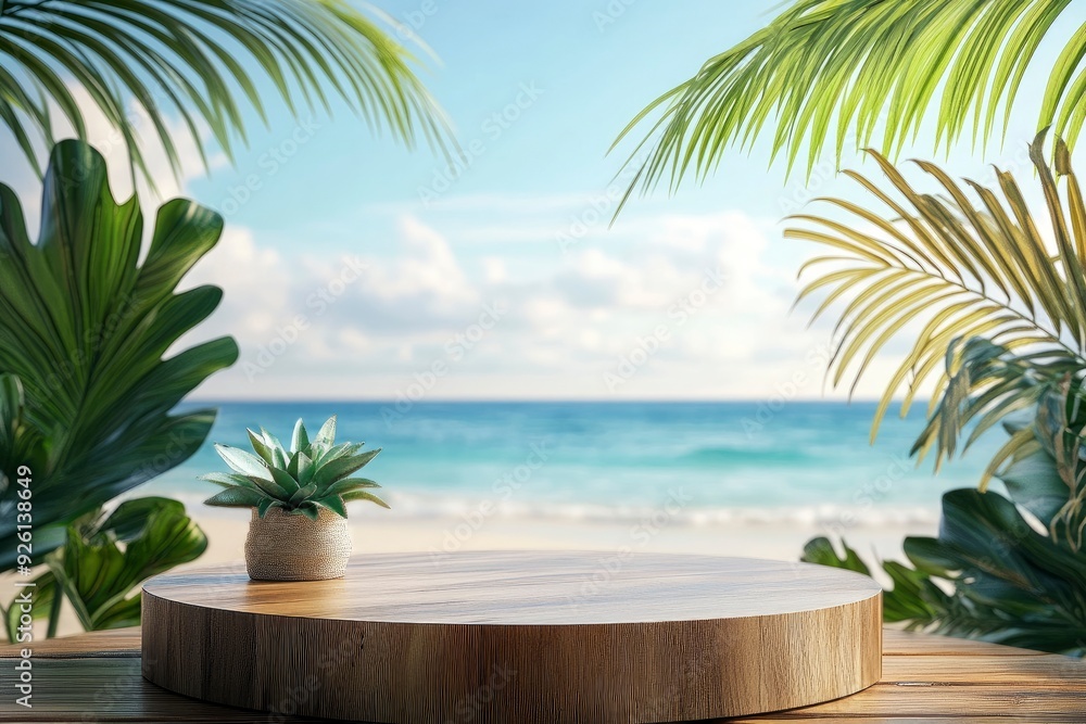 Fototapeta premium Summer product display on wooden podium at sea tropical beach with generative ai