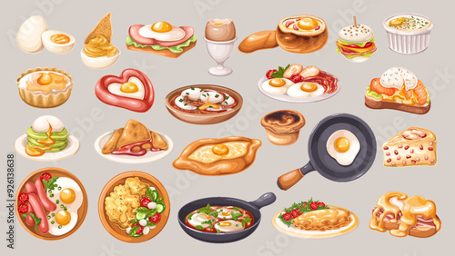 Eggs dishes set, cartoon breakfast food. Top and side view of various gourmet recipes with eggs, meat sausages and healthy fresh salad, cartoon cooked meals menu collection vector illustration