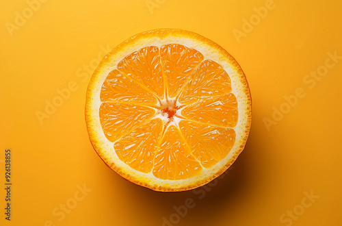 A slice of orange on a yellow background in a top view