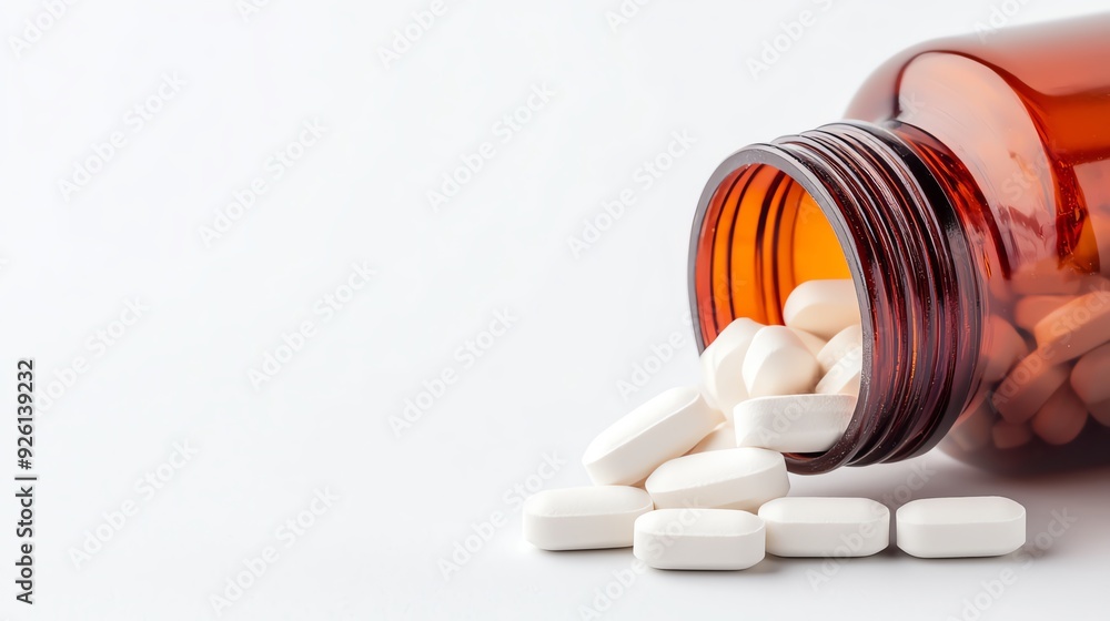 Close-up of zinc tablets spilling from a bottle, immune health focus, clean white background Close-up of zinc tablets spilling from a bottle, immune health focus, clean white background