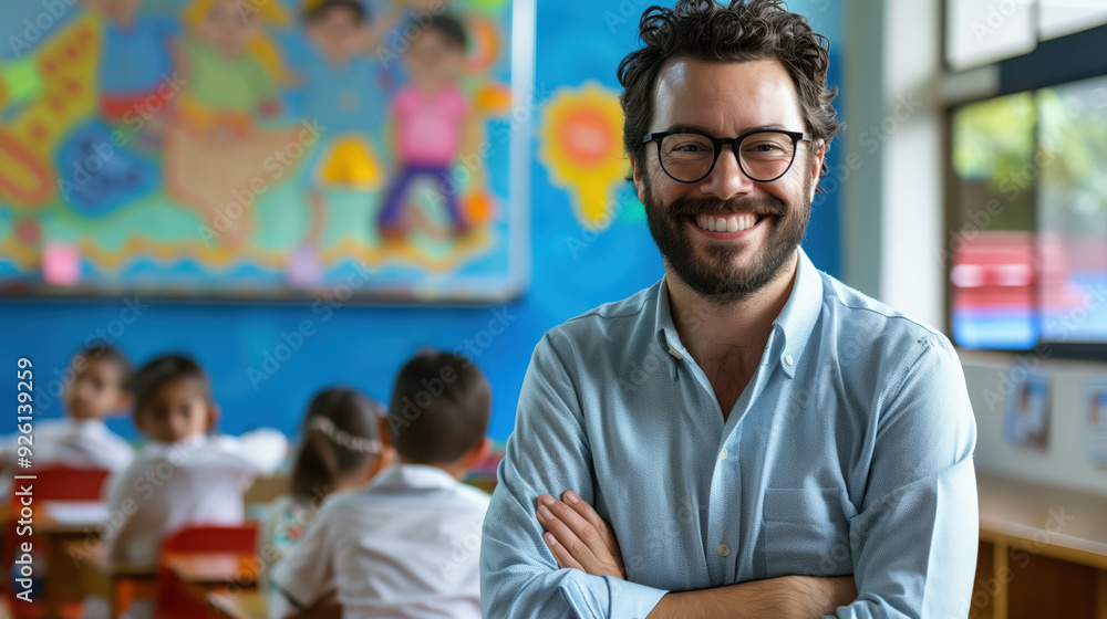 Smiling Brazilian Public School Teacher in Classroom with Young Students Engaged in Learning Activity Smiling Brazilian Public School Teacher in Classroom with Young Students Engaged in Learning Activity