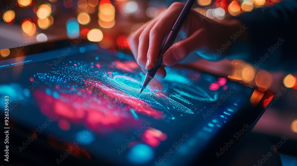 Neon Line Art of a graphic designer working on a digital tablet, creating intricate designs with a stylus, deeply focused on the screen as vibrant colors swirl around Neon Line Art of a graphic designer working on a digital tablet, creating intricate designs with a stylus, deeply focused on the screen as vibrant colors swirl around