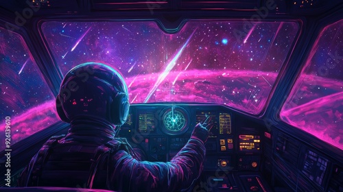 Fototapeta Naklejka Na Ścianę i Meble -  Neon Line Art of a pilot guiding a spaceship through a starry galaxy, manipulating the controls with precision, navigating through the vast expanse of space
