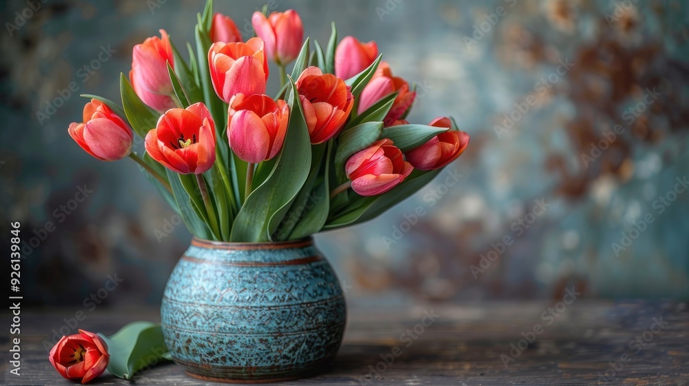 Beautiful Bouquet of Red Tulips in a Decorative Vase on a Rustic Wooden Table with Artistic Background Beautiful Bouquet of Red Tulips in a Decorative Vase on a Rustic Wooden Table with Artistic Background