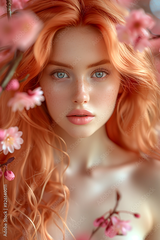 A woman with red hair and blue eyes is standing in front of a bunch of pink flowers. The image has a soft and romantic mood, with the woman's hair and eyes drawing attention to her beauty A woman with red hair and blue eyes is standing in front of a bunch of pink flowers. The image has a soft and romantic mood, with the woman's hair and eyes drawing attention to her beauty