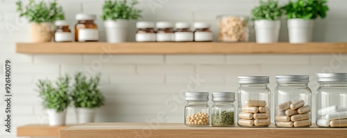 A peaceful herbal dispensary with wooden shelves displaying various mental health supplements and plants