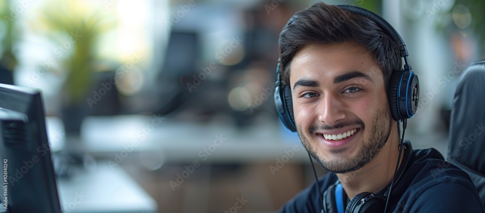 Smiling Gamer with Headphones in Office Setting Smiling Gamer with Headphones in Office Setting