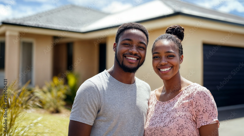 Naklejka premium Young Couple Smiling Outside Their House