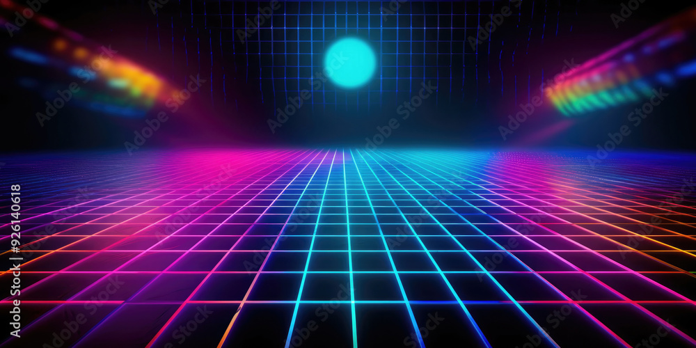Abstract Background with Glowing Neon Lines and Square Neon Grid on a Black Backdrop. Futuristic Technology, 80s style, Cyber Space, 3d render