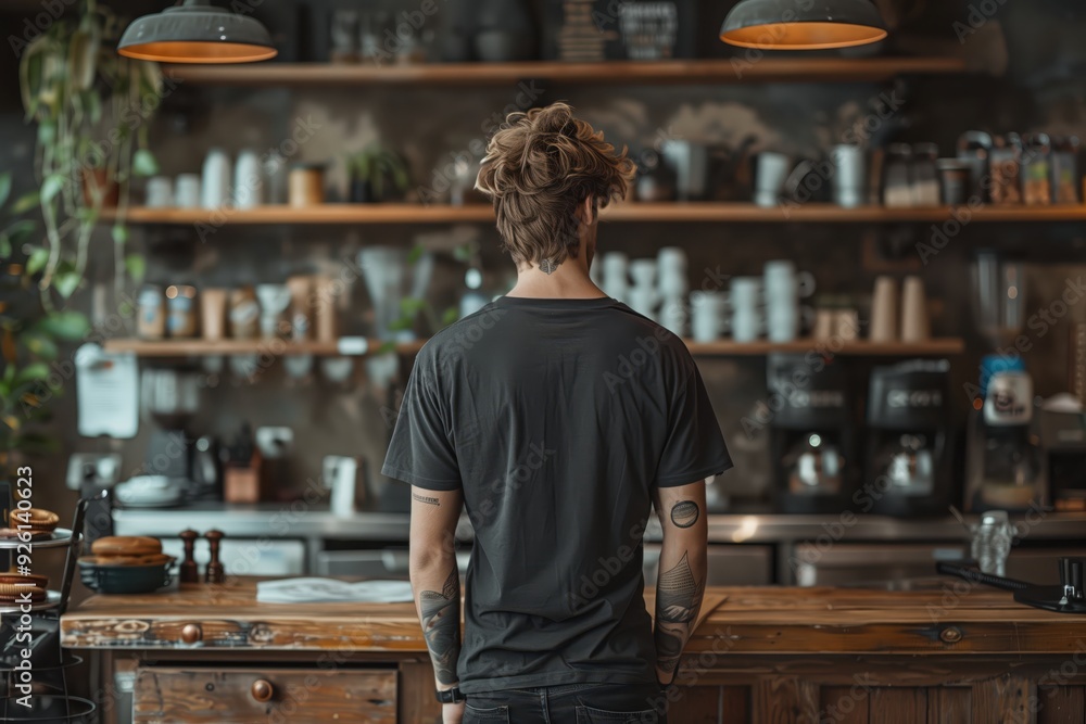 Young Barista Standing in Trendy Coffee Shop Interior with Rustic Wooden Counter and Warm Ambient Lighting Young Barista Standing in Trendy Coffee Shop Interior with Rustic Wooden Counter and Warm Ambient Lighting