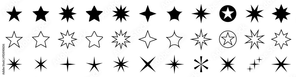 Stars collection. Stars set black icons. Stars in modern simple flat style. Rating icon. Vector illustration. Stars collection. Stars set black icons. Stars in modern simple flat style. Rating icon. Vector illustration.